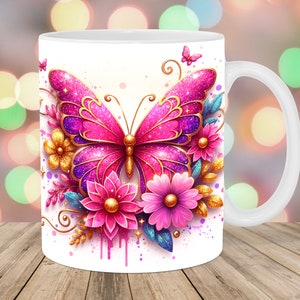 3D Pink Gold Butterfly Mug Wrap, 11oz & 15oz Mug Template, Mug Sublimation Design, Flowers Mug Wrap Template, Instant Digital Download PNG
