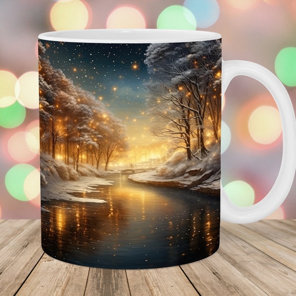 Glitter Winter Landscape Mug Wrap, 11oz And 15oz Mug Template, Mug Sublimation Design, River Mug Wrap Template, Instant Digital Download PNG