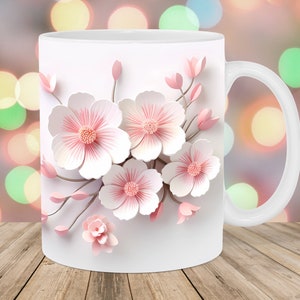 Involucro tazza 3D con fiori bianchi rosa, modello tazza da 11 once e 15 once, design a sublimazione tazza, modello avvolgente tazza botanica, download digitale istantaneo PNG