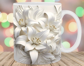 3D White Lilies Flowers Mug Wrap, 11oz And 15oz Mug Template, Mug Sublimation Design, Mug Wrap Template, Instant Digital Download PNG