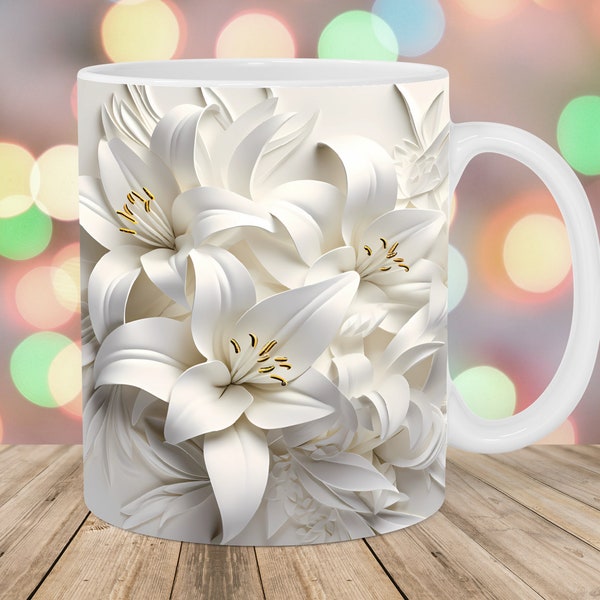Emballage de tasse 3D fleurs de lys blancs, modèle de tasse 11 oz et 15 oz, conception de sublimation de tasse, modèle d'emballage de tasse, téléchargement numérique instantané PNG