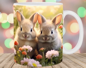 Bunny Rabbit Mug Wrap, 11oz And 15oz Mug Template, Mug Sublimation Design, Flower Mug Wrap Template, Instant Digital Download PNG