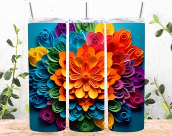 3D Colorful Rainbow Flowers 20 oz Skinny Tumbler Sublimation Design, Straight And Tapered Tumbler Wrap, Instant Digital Download PNG