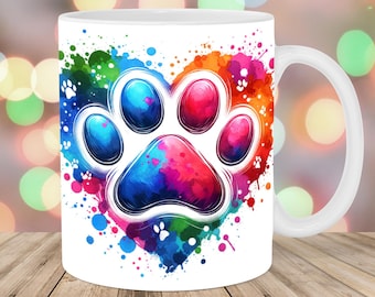 Colorful Paw Mug Wrap, 11oz & 15oz Mug Template, Heart Sublimation Design, Dog Lover Mug Wrap Template, Instant Digital Download PNG