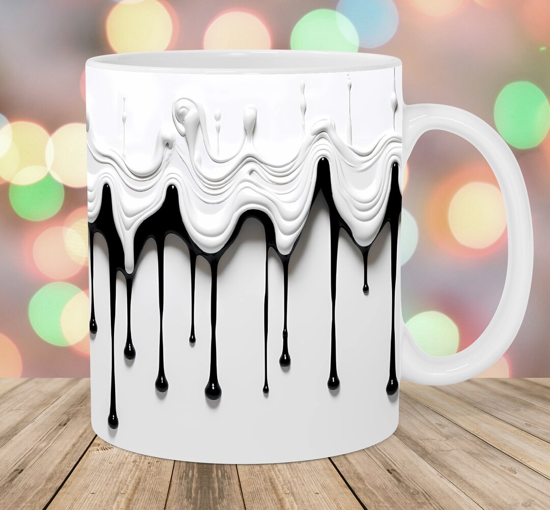 3D Black White Dripping Paint Mug Wrap, 11oz and 15oz Mug Template, Mug