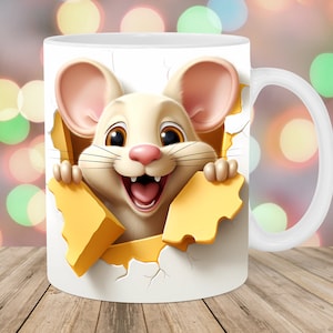 3D Mouse Mug Wrap, 11oz & 15oz Mug Template, Hole In A Wall Mug Sublimation Design, Cheese Mug Wrap Template, Instant Digital Download PNG