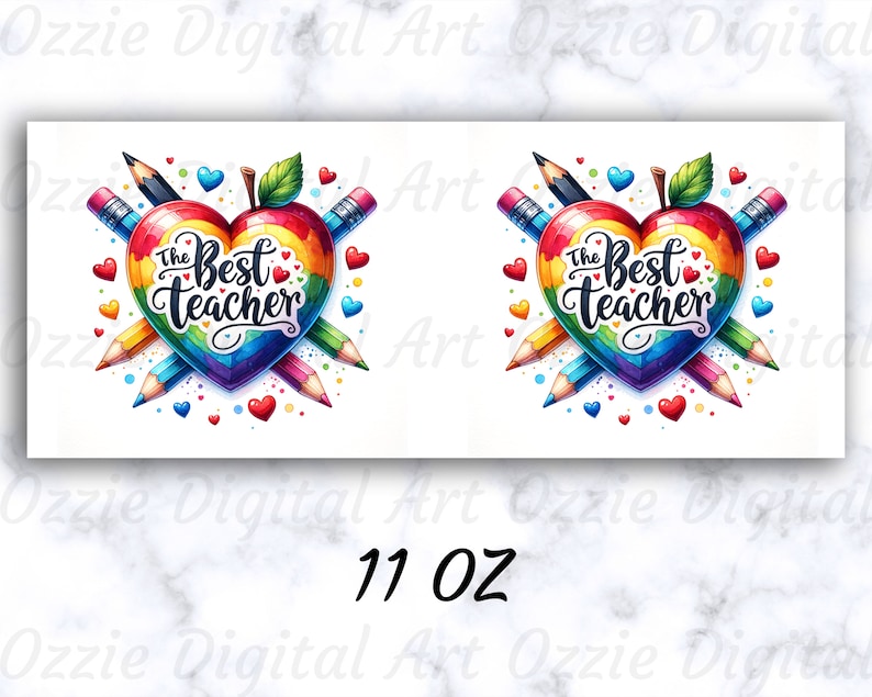 May include: Two 11 ounce sublimation mugs with a rainbow heart design. The heart has the words "The Best Teacher" inside. The heart is surrounded by pencils and red hearts.