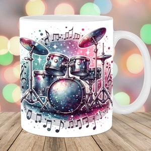 Drums Mug Wrap, 11oz And 15oz Mug Template, Mug Sublimation Design, Glitter Muscial Notes Mug Wrap Template, Instant Digital Download PNG