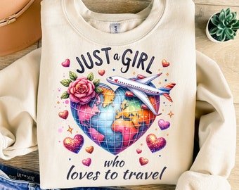 旅行が大好きな女の子 PNG、昇華デザイン、飛行機 PNG、地球儀 PNG、ハート PNG、Tシャツデザイン、インスタントデジタルダウンロード PNG、DTF