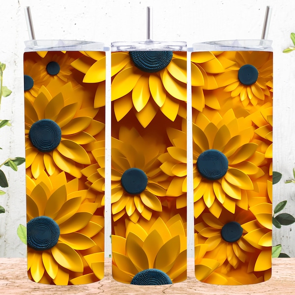 3D Sunflowers Botanical Seamless 20 oz Skinny Tumbler Sublimation Design, Straight And Tapered Tumbler Wrap, Instant Digital Download PNG