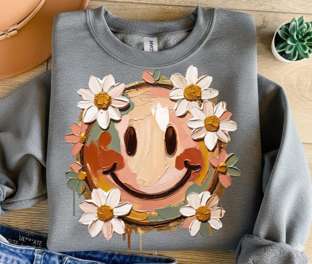 Painted Smiley Face Png, Sublimation Design, Flowers Png, Retro Png ...