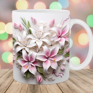 3D Pink White Lilies Flowers Mug Wrap, 11oz And 15oz Mug Template, Mug Sublimation Design, Mug Wrap Template, Instant Digital Download PNG