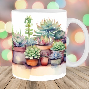 Involucro di tazza succulenta acquerello, modello di tazza da 11 once e 15 once, design di sublimazione della tazza, modello di avvolgimento di tazza di cactus, download digitale istantaneo PNG