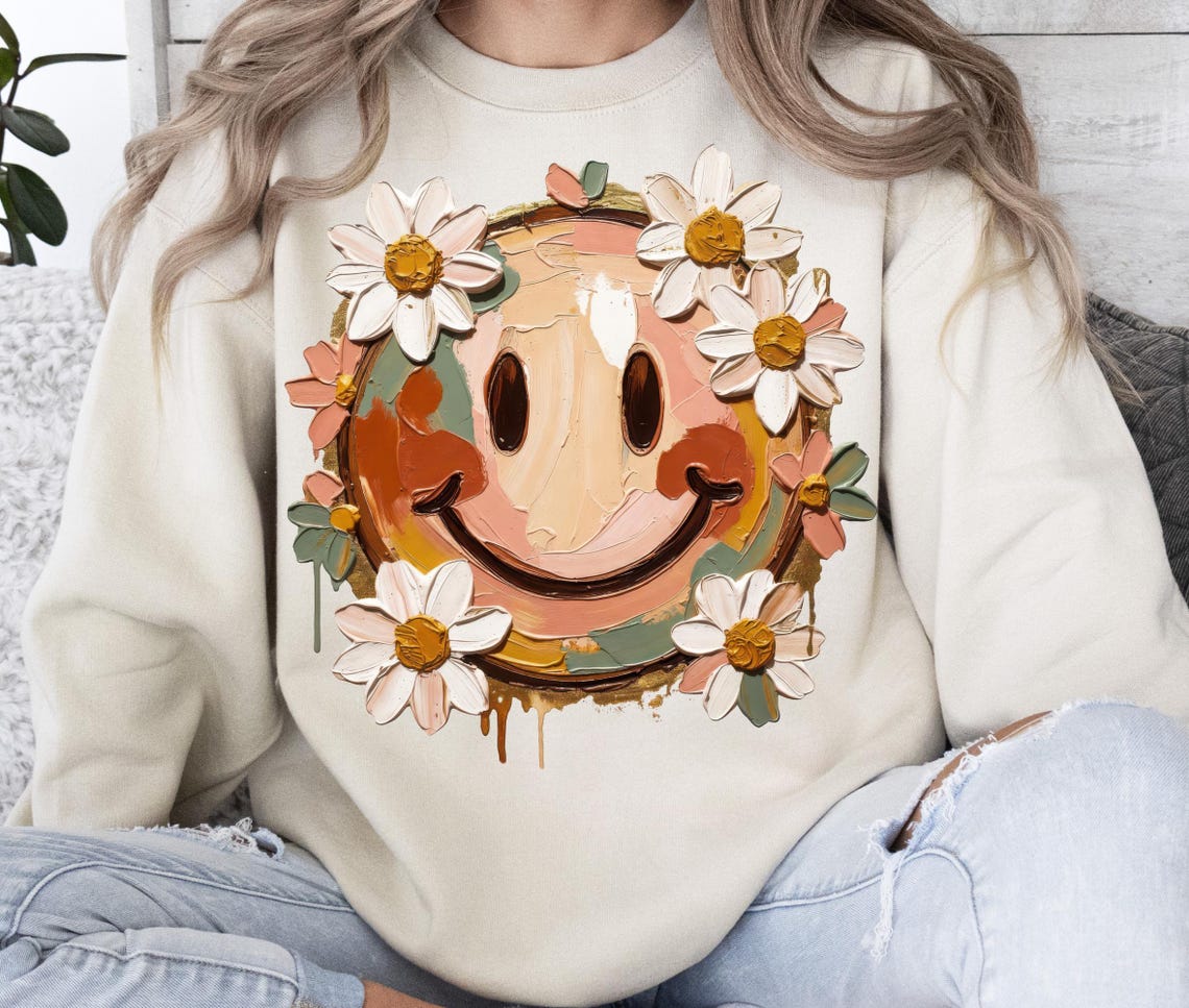 Painted Smiley Face Png, Sublimation Design, Flowers Png, Retro Png ...