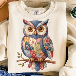 May include: Cream-colored sweatshirt featuring a colorful owl design. The owl is perched on a branch and has a patchwork design with floral and geometric patterns in shades of blue, red, and yellow. The owl's eyes are large and brown.