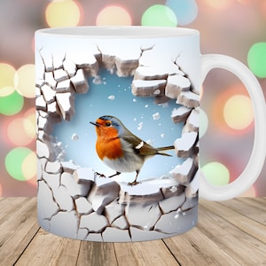 3D Robin Bird Hole In A Wall Mug Wrap, 11oz & 15oz Mug Template, Mug Sublimation Design, Mug Wrap Template, Instant Digital Download PNG