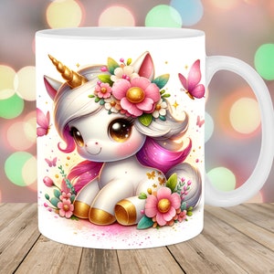 Baby Einhorn Tassenverpackung, 11 Unzen und 15 Unzen Tassenvorlage, Blumentasse Sublimationsdesign, rosa Schmetterlinge Tassenvorlage, sofortiger digitaler Download PNG