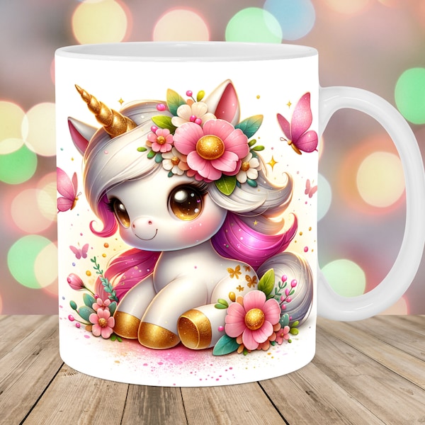 Baby Unicorn Mug Wrap, 11oz & 15oz Mug Template, Flower Mug Sublimation Design, Pink Butterflies Mug Template, Instant Digital Download PNG