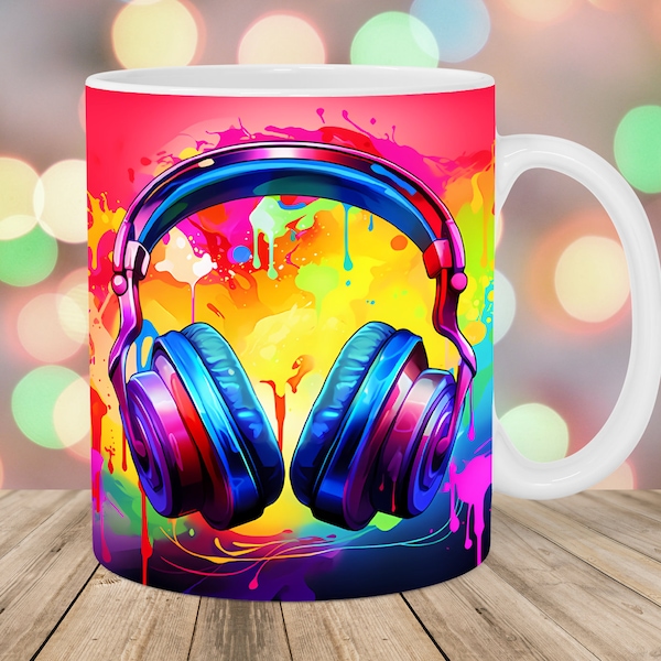 Colorful Neon Headphones Mug Wrap, 11oz And 15oz Mug Template, Mug Sublimation Design, Mug Wrap Template, Instant Digital Download PNG