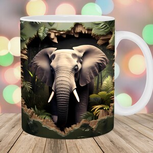 3D Elephant Hole In A Wall Mug Wrap, 11oz And 15oz Mug Template, Mug Sublimation Design, Mug Wrap Template, Instant Digital Download PNG