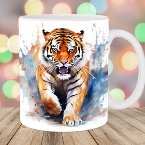 Watercolor Tiger Mug Wrap, 11oz And 15oz Mug Template, Mug Sublimation Design, Mug Wrap Template, Instant Digital Download PNG