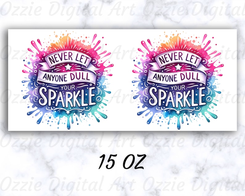 K&ouml;nnte beinhalten: Zwei 15 Unzen Tassen mit einem Aquarell-Design aus bunten Farbspritzern. Der Text auf den Tassen lautet "Lass niemals jemanden deinen Glanz tr&uuml;ben".