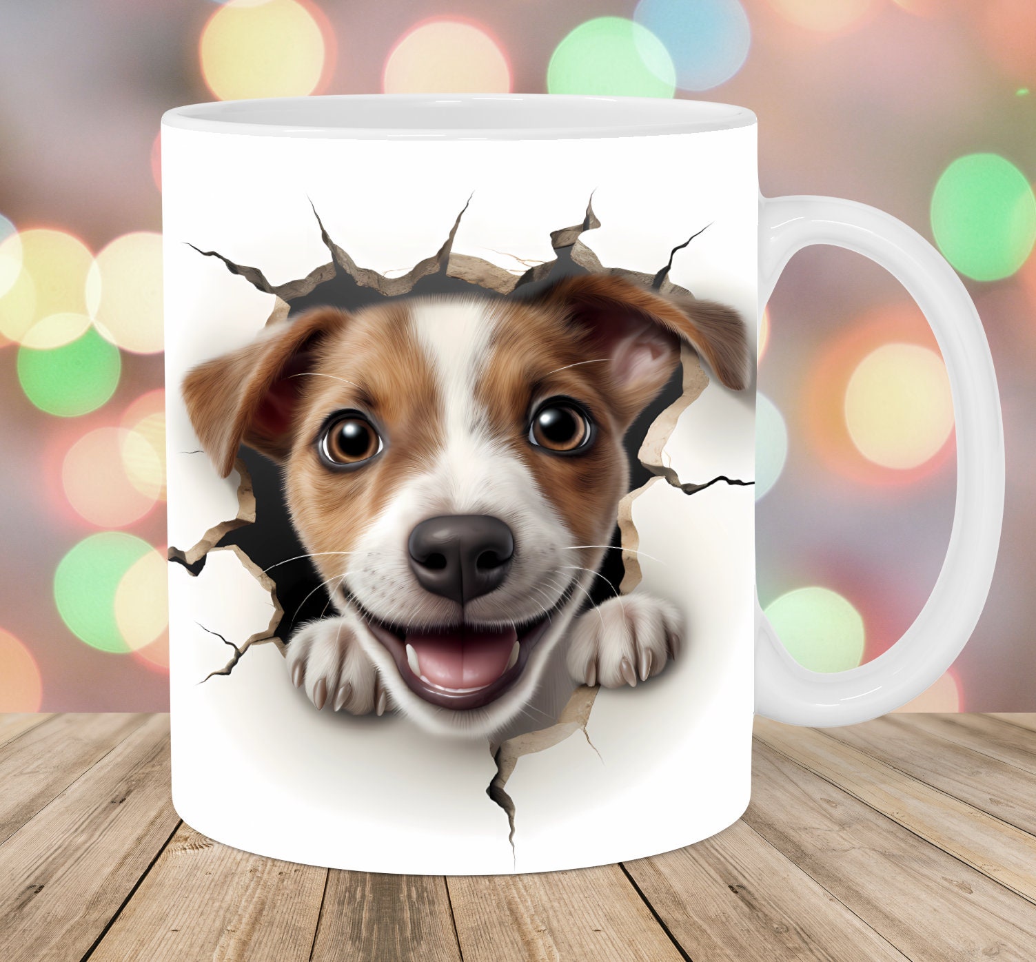 3D Jack Russell Hole In A Wall Mug Wrap, 11oz And 15oz Mug Template, Mug Sublimation Design, Mug Wrap Template, Instant Digital Download PNG