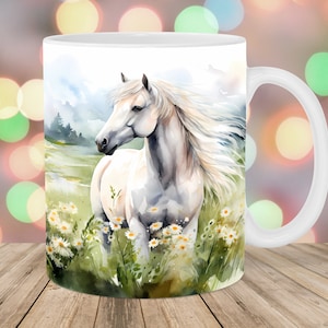 Watercolor Horse Mug Wrap, 11oz & 15oz Mug Template, Mug Sublimation Design, Flower Field Mug Wrap Template, Instant Digital Download PNG