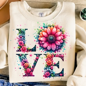Floral Love Svg, Diseño de sublimación, Camiseta Svg, Diseño de sudadera, Png colorido, Flor Svg, Descarga digital instantánea Png