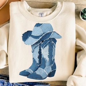 Denim Patchwork Cowgirl Boots Png, Sublimation Design, Western Png, Retro Png, Cowboy Png, T-Shirt Design, Instant Digital Download Png, DTF