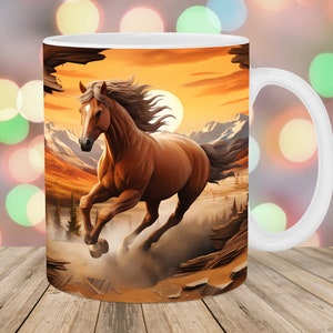 3D Horse Mug Wrap, 11oz And 15oz Mug Template, Wooden Mug Sublimation Design, Hole In A Wall Mug Wrap Template, Instant Digital Download PNG