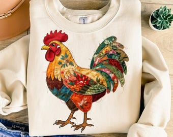 Rooster Patchwork Png, Sublimation Design, Colorful Chicken Png, Farm Bird Png, Retro Png, T-Shirt Design, Instant Digital Download Png, DTF
