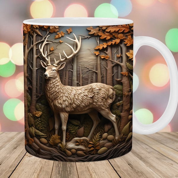 3D Deer Mug Wrap, 11oz And 15oz Mug Template, Deer Forest Mug Sublimation Design, Mug Wrap Template, Instant Digital Download PNG