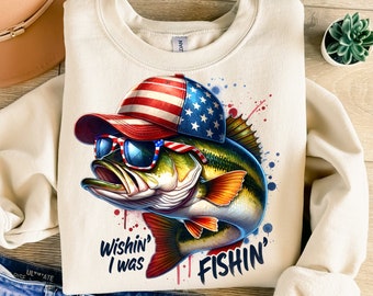 Wishin' I was Fishin' Png, Sublimation Design, American Bass Png, 4th Of July Png, Largemouth Bass Png, T-Shirt Design, Instant Download Png