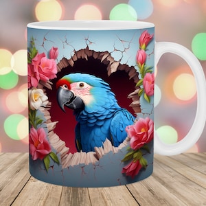 3D Parrot Hole In A Wall Mug Wrap, 11oz & 15oz Mug Template, Mug Sublimation Design, Flower Mug Wrap Template, Instant Digital Download PNG