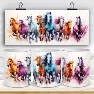 Watercolor Horses Mug Wrap, 11oz And 15oz Mug Template, Mug Sublimation Design, Colorful Mug Wrap Template, Instant Digital Download PNG