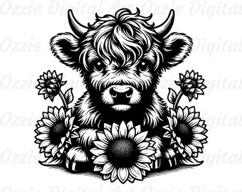 Highland Cow With Sunflowers Svg & Png, Cow Clipart, Highland Cow Vector Image, Cow Silhouette, Sublimation Design, Farm Animal Cut File