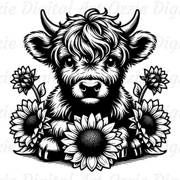 Vaca de las tierras altas con girasoles Svg &Png, imágenes prediseñadas de vaca, imagen vectorial de vaca de las tierras altas, silueta de vaca, diseño de sublimación, archivo de corte de animales de granja