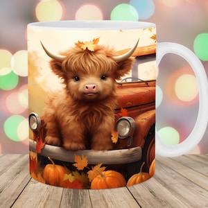 Autumn Highland Cow Mug Wrap, 11oz & 15oz Mug Template, Pumpkins Mug Sublimation Design, Mug Wrap Template, Instant Digital Download PNG