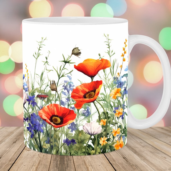 Emballage de tasse de fleurs sauvages, modèle de tasse 11 oz et 15 oz, conception de sublimation de tasse, modèle de wrap de tasse de coquelicots, téléchargement numérique instantané PNG