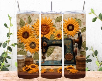 3D Embroidered Sewing Machine Flowers 20 oz Skinny Tumbler Sublimation Design, Straight & Tapered Tumbler Wrap, Instant Digital Download PNG