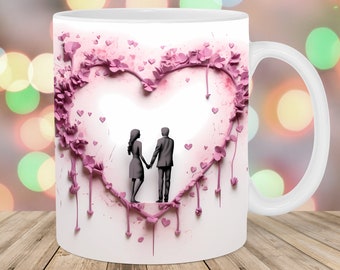 Plantilla para envolver tazas con forma de corazón en 3D, de 11 oz y 15 oz, diseño de sublimación de tazas, plantilla para envolver tazas con forma de pareja enamorada, descarga digital instantánea PNG