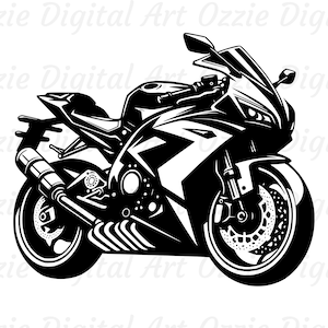 Op de afbeelding: Zwart-witte illustratie van een motorfiets. De motorfiets heeft een strak, modern ontwerp met een groot voorwiel en een klein achterwiel.