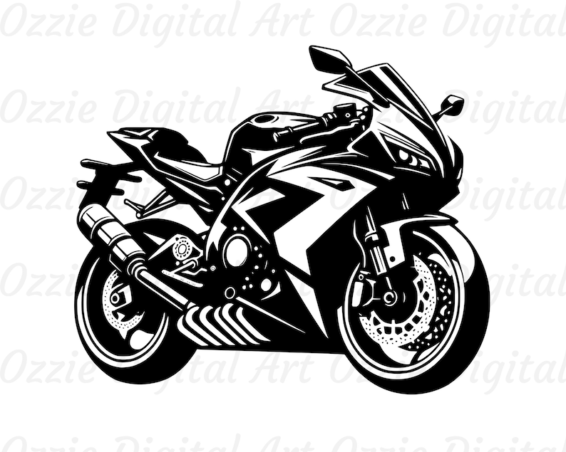 May include: Black and white illustration of a motorcycle. The motorcycle has a sleek, modern design with a large front wheel and a small rear wheel.