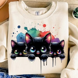 三匹の黒猫PNG、昇華デザイン、子猫PNG、面白い猫PNG、猫好きPNG、トレンディPNG、Tシャツデザイン、インスタントダウンロードPNG、DTF