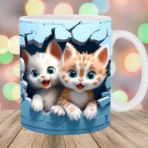 3D Two Kittens Mug Wrap, 11oz & 15oz Mug Template, Mug Sublimation Design, Hole In A Wall Mug Wrap Template, Instant Digital Download PNG