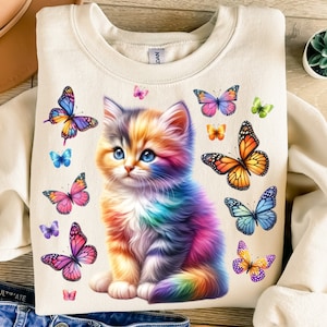 Rainbow Kitten Png, Sublimation Design, Colorful Cat Png, Butterflies Png, T-Shirt Design, Sweatshirt Png, Instant Digital Download Png, DTF