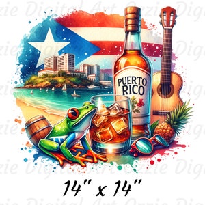 May include: A watercolour illustration of a Puerto Rican scene featuring a bottle of rum, a glass of rum with ice, a guitar, a frog, a pineapple, a barrel, and sunglasses. The scene is set against a backdrop of the Puerto Rican flag and a cityscape. The text "PUERTO RICO" is visible on the bottle of rum. The image is 14 inches by 14 inches.