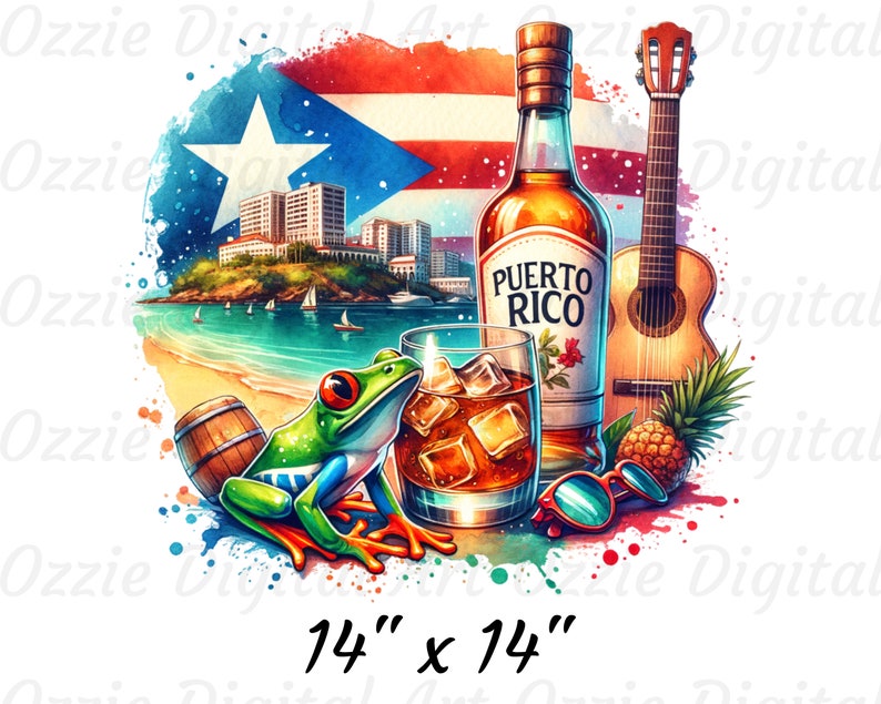 May include: A watercolour illustration of a Puerto Rican scene featuring a bottle of rum, a glass of rum with ice, a guitar, a frog, a pineapple, a barrel, and sunglasses. The scene is set against a backdrop of the Puerto Rican flag and a cityscape. The text "PUERTO RICO" is visible on the bottle of rum. The image is 14 inches by 14 inches.