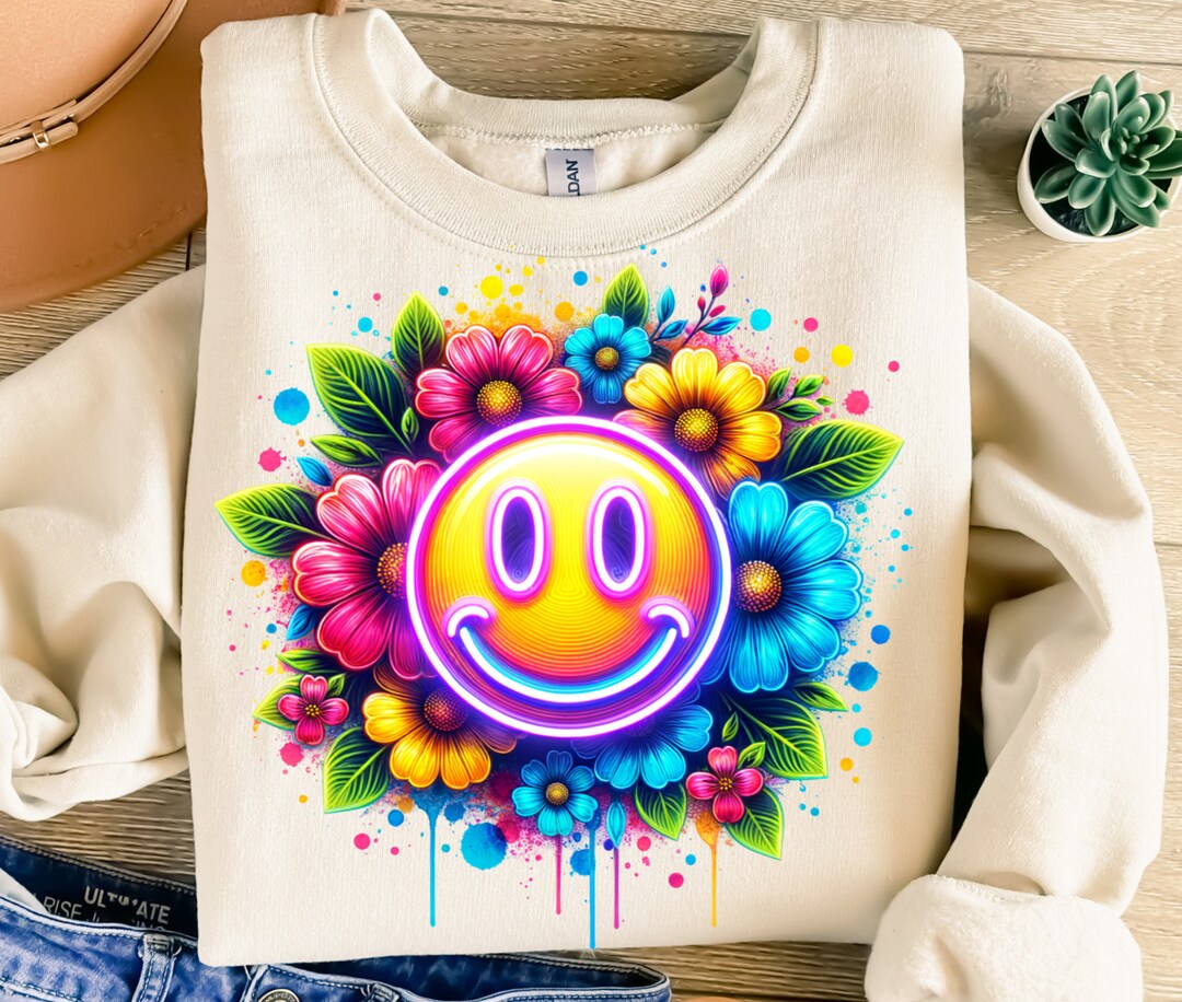 Smiley Face Png, Sublimation Design, Colorful Neon Png, Flowers Png ...